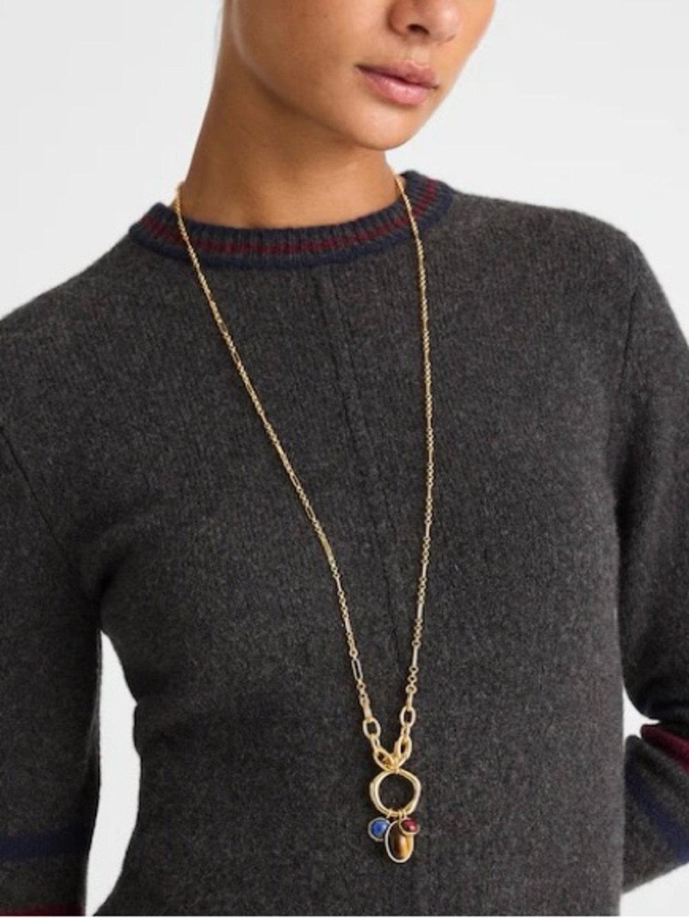 $88 NWT Madewell Semiprecious Tiger's Eye Lapis Stone Gold Chain Charm Necklace - Picture 3 of 12